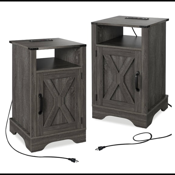 Furniture Furniture Set of 2 Farmhouse Nightstands with Charging Station, 16" W x 25" H, Dark Grey, Engineered Wood, Storage Cabinet & USB Ports