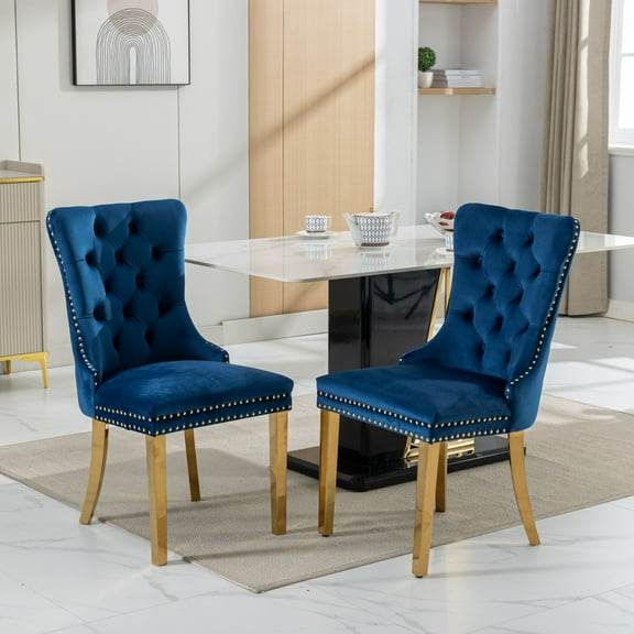 Furniture, , High-end Tufted Solid Wood Contemporary Velvet Upholstered Dining Chair with Golden Stainless