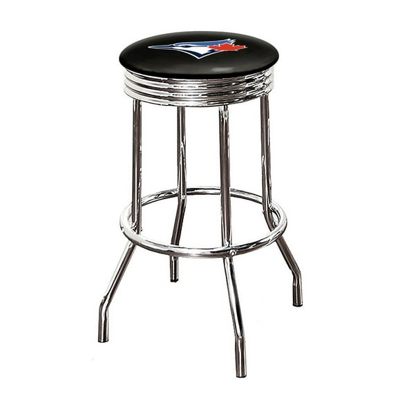 The Furniture King Bar Stool 24" or 29" Tall Backless Chrome Metal Stool Featuring Your Favorite Baseball Team Logo on a Colored Vinyl Swivel Seat Cushion - Blue Jays on Black