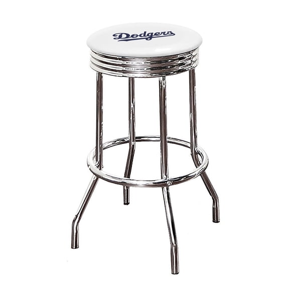 The Furniture King Bar Stool 24" or 29" Tall Backless Chrome Metal Stool Featuring Your Favorite Baseball Team Logo on a Colored Vinyl Swivel Seat Cushion - Dodgers on White