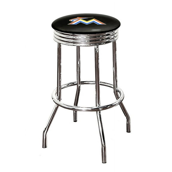 The Furniture King Bar Stool 24" or 29" Tall Backless Chrome Metal Stool Featuring Your Favorite Baseball Team Logo on a Colored Vinyl Swivel Seat Cushion - Marlins on Black