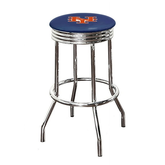 The Furniture King Bar Stool 24" or 29" Tall Backless Chrome Metal Stool Featuring Your Favorite Baseball Team Logo on a Colored Vinyl Swivel Seat Cushion - Mets on Blue