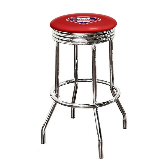 The Furniture King Bar Stool 24" or 29" Tall Backless Chrome Metal Stool Featuring Your Favorite Baseball Team Logo on a Colored Vinyl Swivel Seat Cushion - Phillies on Red