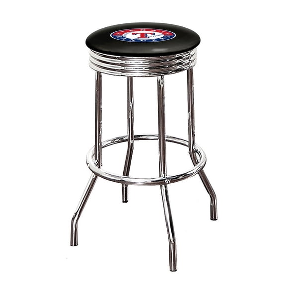 The Furniture King Bar Stool 24" or 29" Tall Backless Chrome Metal Stool Featuring Your Favorite Baseball Team Logo on a Colored Vinyl Swivel Seat Cushion - Rangers on Black