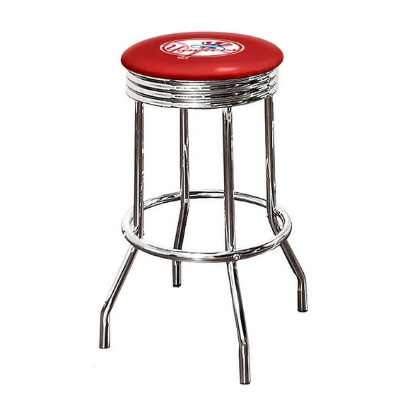 The Furniture King Bar Stool 24" or 29" Tall Backless Chrome Metal Stool Featuring Your Favorite Baseball Team Logo on a Colored Vinyl Swivel Seat Cushion - Yankees on Red