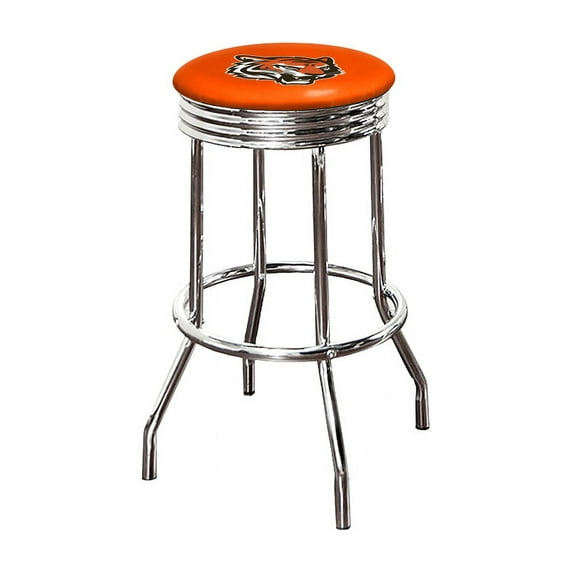 The Furniture King Bar Stool 24" Tall Backless Chrome Metal Stool Featuring Your Favorite Football Team Logo on a Colored Vinyl Swivel Seat Cushion Bengals Face on Orange