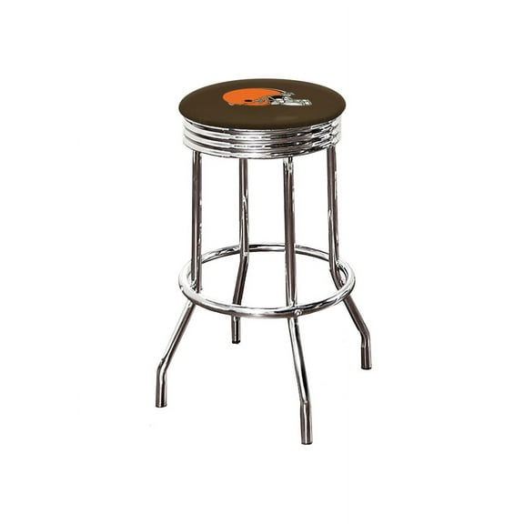 The Furniture King Bar Stool 24" Tall Backless Chrome Metal Stool Featuring Your Favorite Football Team Logo on a Colored Vinyl Swivel Seat Cushion Browns Helmet on Brown