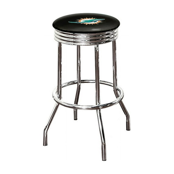 The Furniture King Bar Stool 24" Tall Backless Chrome Metal Stool Featuring Your Favorite Football Team Logo on a Colored Vinyl Swivel Seat Cushion Dolphins on Black