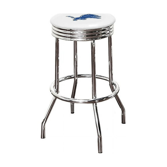 The Furniture King Bar Stool 24" Tall Backless Chrome Metal Stool Featuring Your Favorite Football Team Logo on a Colored Vinyl Swivel Seat Cushion Lions on White