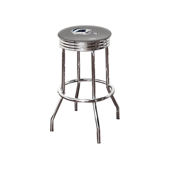 The Furniture King Bar Stool 24" Tall Backless Chrome Metal Stool Featuring Your Favorite Football Team Logo on a Colored Vinyl Swivel Seat Cushion Panthers Helmet on Grey