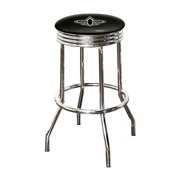 The Furniture King Bar Stool 24" Tall Backless Chrome Metal Stool Featuring Your Favorite Football Team Logo on a Colored Vinyl Swivel Seat Cushion Saints Emblem on Black