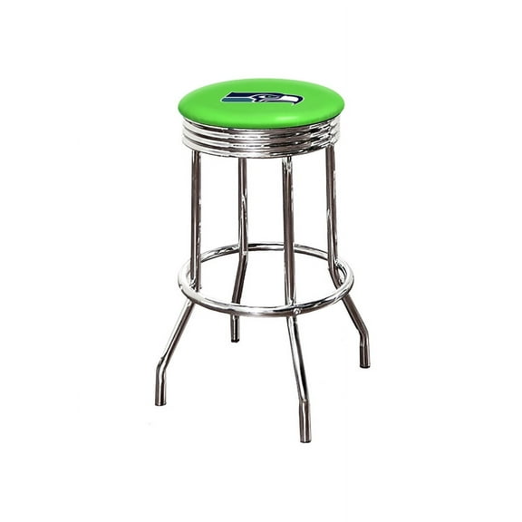The Furniture King Bar Stool 24" Tall Backless Chrome Metal Stool Featuring Your Favorite Football Team Logo on a Colored Vinyl Swivel Seat Cushion Seahawks on Bright Green