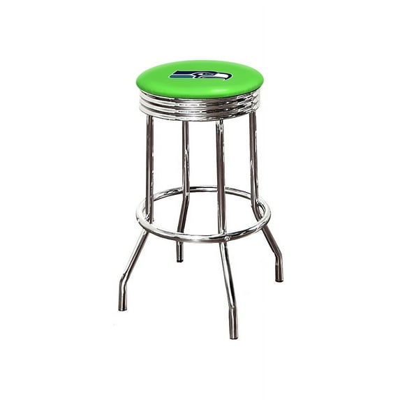 The Furniture King Bar Stool 24" Tall Backless Chrome Metal Stool Featuring Your Favorite Football Team Logo on a Colored Vinyl Swivel Seat Cushion Seahawks on Bright Green