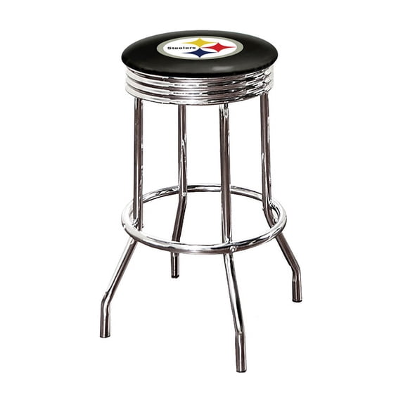 The Furniture King Bar Stool 24" Tall Backless Chrome Metal Stool Featuring Your Favorite Football Team Logo on a Colored Vinyl Swivel Seat Cushion Steelers Black on Black
