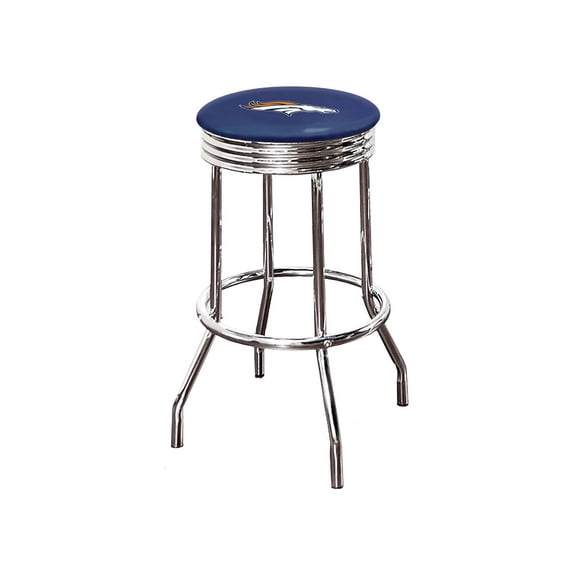 The Furniture King Bar Stool 29" Tall Backless Chrome Metal Stool Featuring Your Favorite Football Team Logo on a Colored Vinyl Swivel Seat Cushion Broncos on Blue