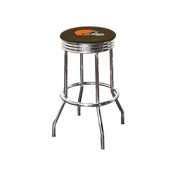 The Furniture King Bar Stool 29" Tall Backless Chrome Metal Stool Featuring Your Favorite Football Team Logo on a Colored Vinyl Swivel Seat Cushion Browns Helmet on Brown