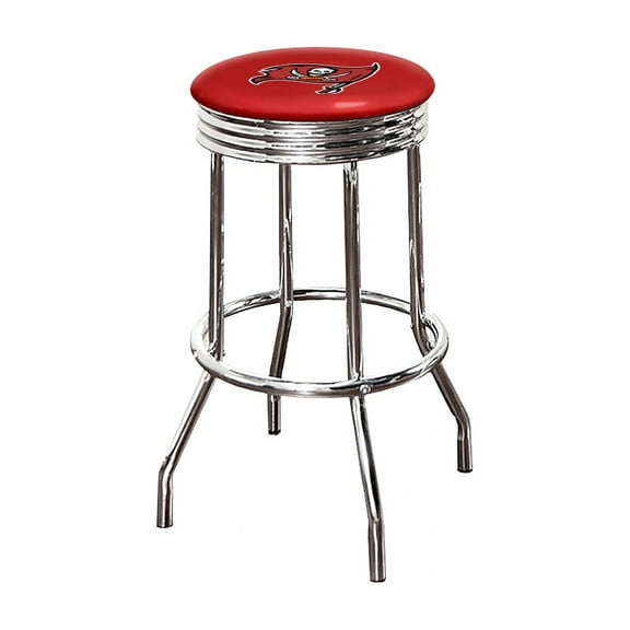The Furniture King Bar Stool 29" Tall Backless Chrome Metal Stool Featuring Your Favorite Football Team Logo on a Colored Vinyl Swivel Seat Cushion Buccaneers on Red