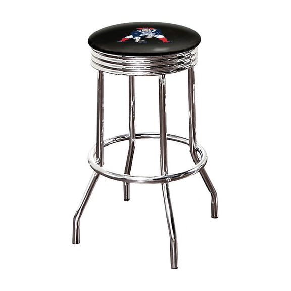 The Furniture King Bar Stool 29" Tall Backless Chrome Metal Stool Featuring Your Favorite Football Team Logo on a Colored Vinyl Swivel Seat Cushion Patriots Guard on Black