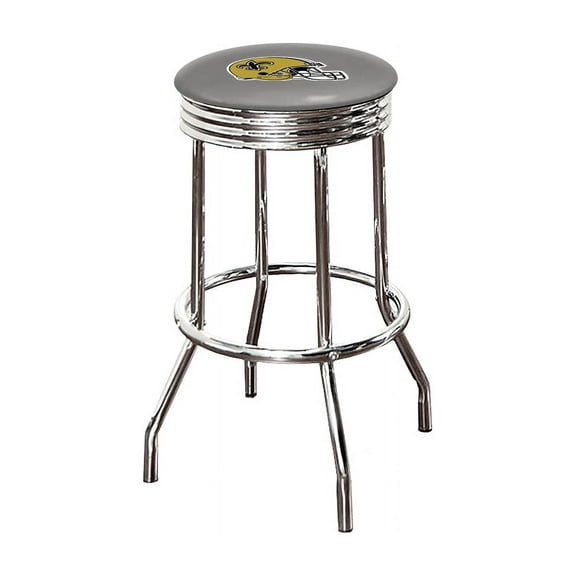 The Furniture King Bar Stool 29" Tall Backless Chrome Metal Stool Featuring Your Favorite Football Team Logo on a Colored Vinyl Swivel Seat Cushion Saints Helmet on Grey