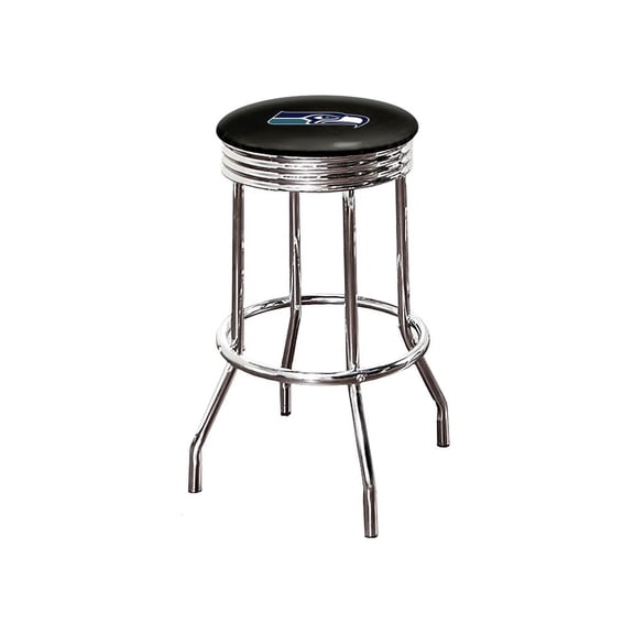 The Furniture King Bar Stool 29" Tall Backless Chrome Metal Stool Featuring Your Favorite Football Team Logo on a Colored Vinyl Swivel Seat Cushion Seahawks on Black