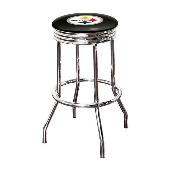 The Furniture King Bar Stool 29" Tall Backless Chrome Metal Stool Featuring Your Favorite Football Team Logo on a Colored Vinyl Swivel Seat Cushion Steelers Black on Black