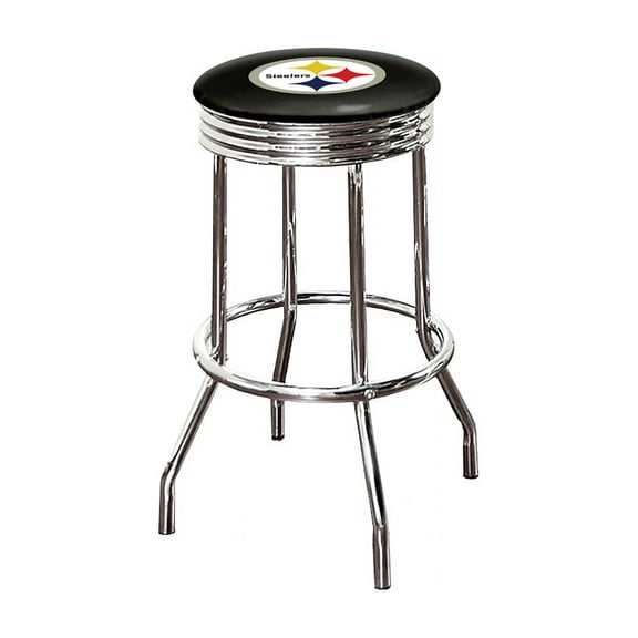 The Furniture King Bar Stool 29" Tall Backless Chrome Metal Stool Featuring Your Favorite Football Team Logo on a Colored Vinyl Swivel Seat Cushion Steelers Black on Grey