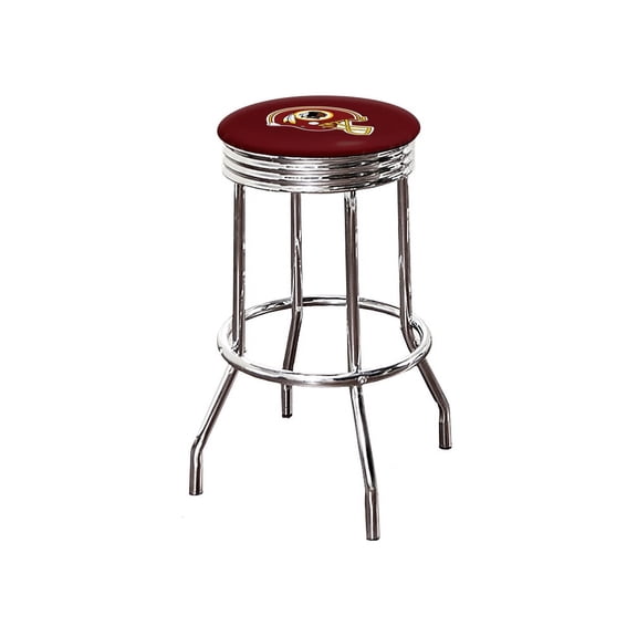 The Furniture King Bar Stool 29" Tall Backless Chrome Metal Stool Featuring Your Favorite Football Team Logo on a Colored Vinyl Swivel Seat Cushion Washington Helmet on Red