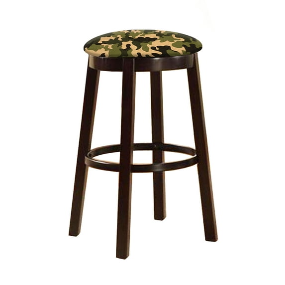 The Furniture King Bar Stool 29" Tall Wood Dark Brown Espresso Kitchen Game Room Swivel Seat Stool Featuring the Choice of Your Favorite Novelty Theme Fabric Covered Seat Cushion (Camo)