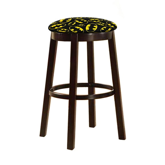 The Furniture King Bar Stool 29" Tall Wood Dark Brown Espresso Kitchen Game Room Swivel Seat Stool Featuring the Choice of Your Favorite Novelty Theme Fabric Covered Seat Cushion (Batman Logo)