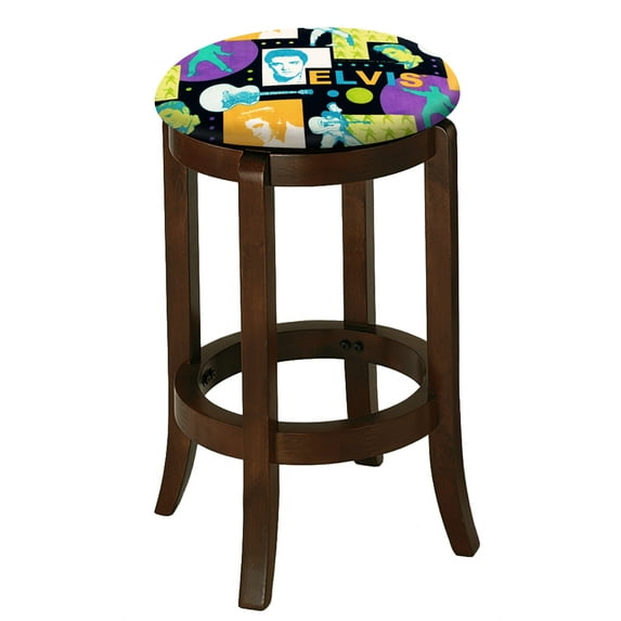 The Furniture King Wood Bar Stool Espresso Finish 24" Tall Kitchen Game Room Stool with Your Favorite Novelty Theme Fabric Covered Swivel Seat Cushion (Elvis Black)