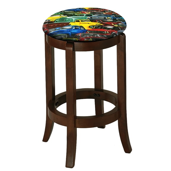 The Furniture King Wood Bar Stool Espresso Finish 24" Tall Kitchen Game Room Stool with Your Favorite Novelty Theme Fabric Covered Swivel Seat Cushion (Ford Trucks)