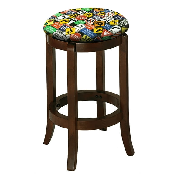 The Furniture King Wood Bar Stool Espresso Finish 24" Tall Kitchen Game Room Stool with Your Favorite Novelty Theme Fabric Covered Swivel Seat Cushion (Road Signs)