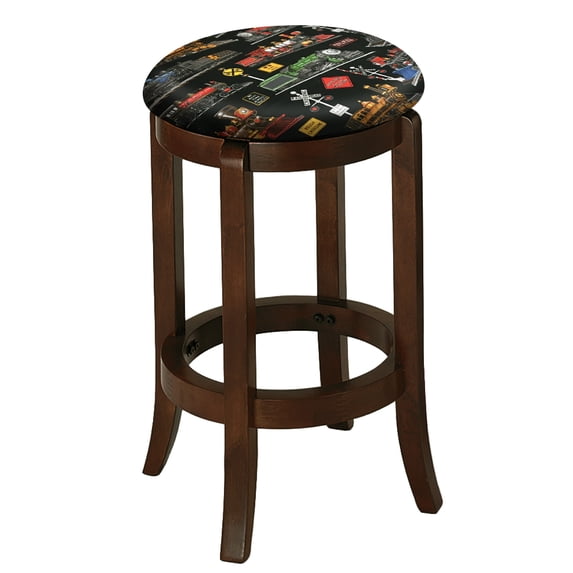 The Furniture King Wood Bar Stool Espresso Finish 24" Tall Kitchen Game Room Stool with Your Favorite Novelty Theme Fabric Covered Swivel Seat Cushion (Trains on Black)