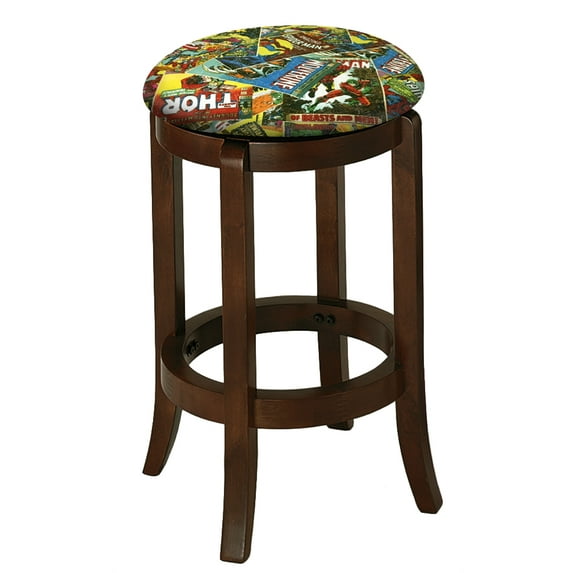 The Furniture King Wood Bar Stool Espresso Finish 29" Tall Kitchen Game Room Stool with Your Favorite Novelty Theme Fabric Covered Swivel Seat Cushion (Comic Books)