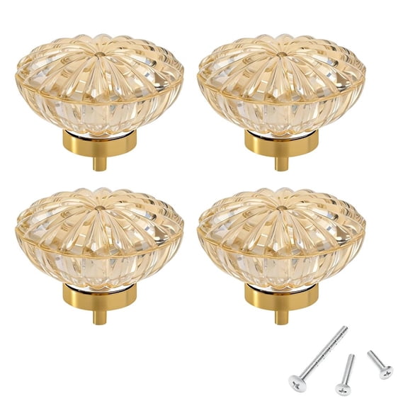 Furniture Knob Set of 4, Clear Faceted Flower Pulls with Gold Tone Base and Single Screw Mount for Drawer Fronts, Dressers and Closets