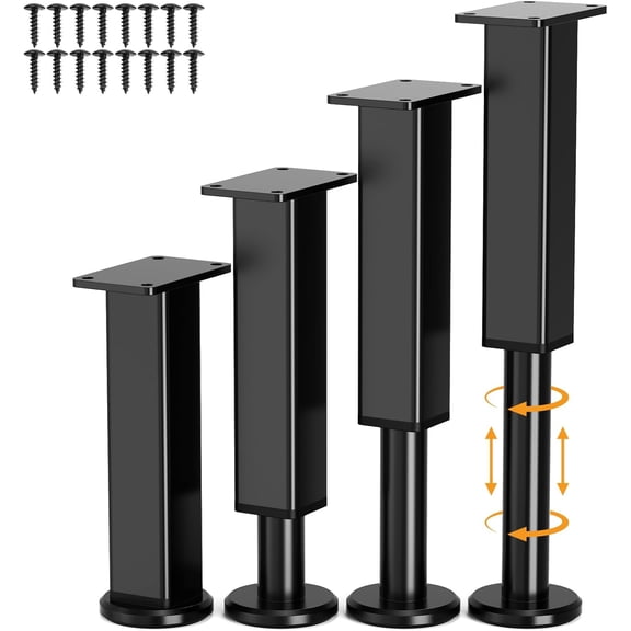Furniture Legs 4 Pcs, Adjustable Metal Furniture Feet 7.2-12.5 Inch, Heavy Duty Couch/Sofa Replacement Legs Risers with Rubber Non-Slip Base for Bed Frame Slats, Cabinet, Table, Dresser
