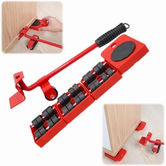 Furniture Lift Mover Tool Set 360° Swivel Wheels & Steel Lever, 500 kg Capacity Moving Dollies for Sofa, Fridge, Washer, Cabinet – 4-Pack Sliders with Non-Slip Pads (Red-1 Set)