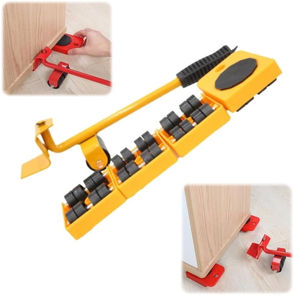 Furniture Lift Mover Tool Set 360° Swivel Wheels & Steel Lever, 500 kg Capacity Moving Dollies for Sofa, Fridge, Washer, Cabinet – 4-Pack Sliders with Non-Slip Pads (Yellow-1 Set)
