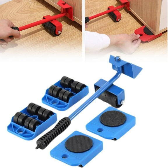 Furniture Lifting Tool Set Blue, Furniture Tool Set with Adjustable Height Tool Bar and 4 Wheels Furniture Mover Furniture Mobile Slide for Moving Heavy Furniture, 1X Pry Bar 4X Pulley