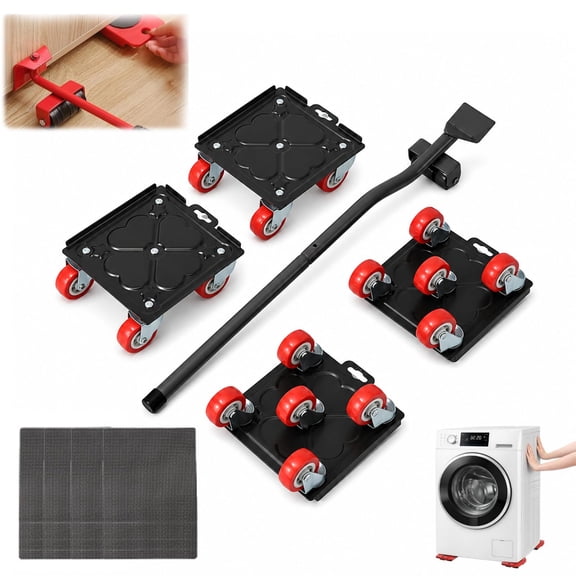 Furniture Lifting Tool Set, Heavy Duty Steel Furniture Mover with Wheels and Lifter Lever, 4 Swivel Roller Pads, Appliance Sliders for Sofa Bed Cabinet Refrigerator Washer