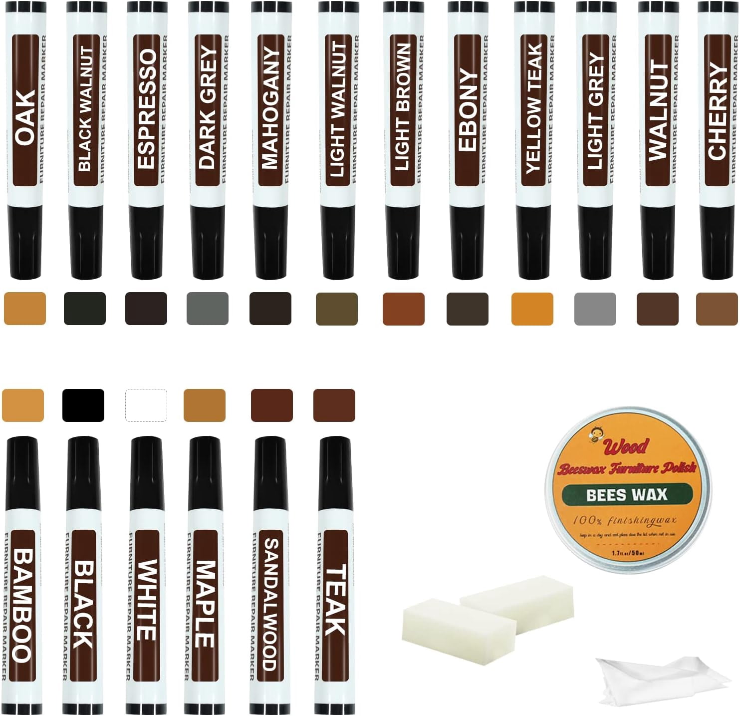 Furniture Markers Touch Up Kit - New Upgrade 18 Colors Wood Scratch Repair with Beeswax Polish Pens for Scratches Stains Restore Wooden Floor Table Cabinet Bedpost