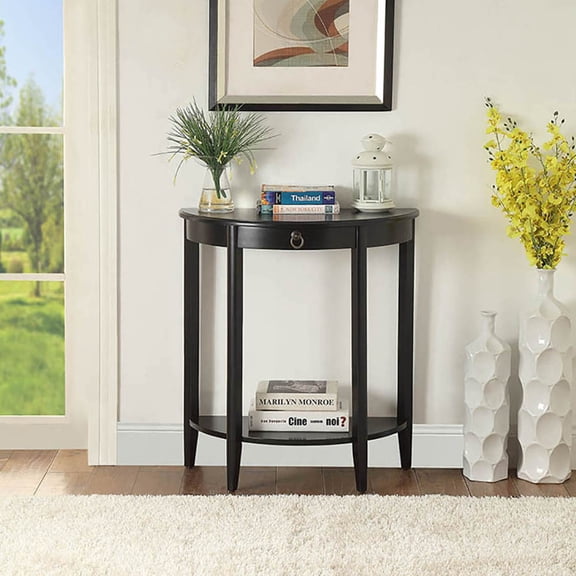 Furniture Max Half Moon Console Table with Shelf - Black Pine Wood - 26.5" W x 28.5" H - Transitional Style