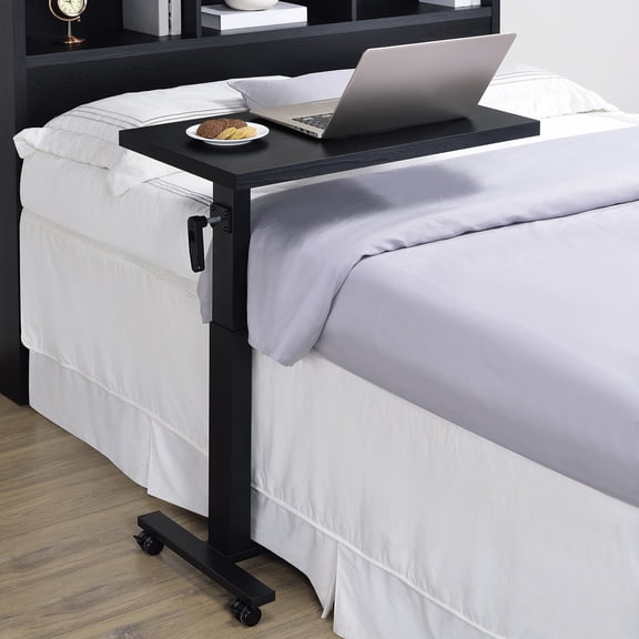 Furniture Max Height Adjustable C-Table Black Engineered Wood 28" Wide Mobile Bedside Table with Hand Crank