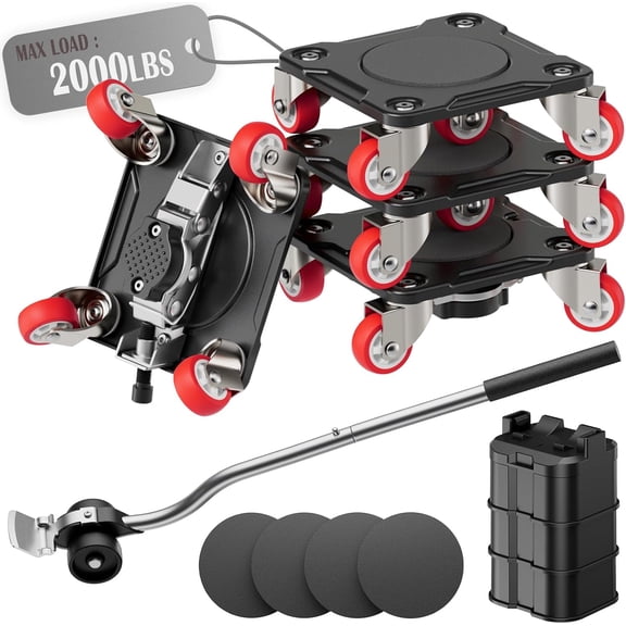 Furniture Movers with Parking Lock, 5-Wheel & Locking Dollies Set with Furniture Lifter and Base, 360° Swivel Casters, Non-Slip Pads, Up to 2000 lbs Load Capacity