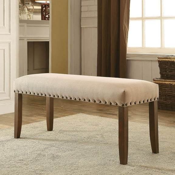 Furniture Of America Brentford Rustic Walnut Bench Ivory Fabric Upholstered Seat