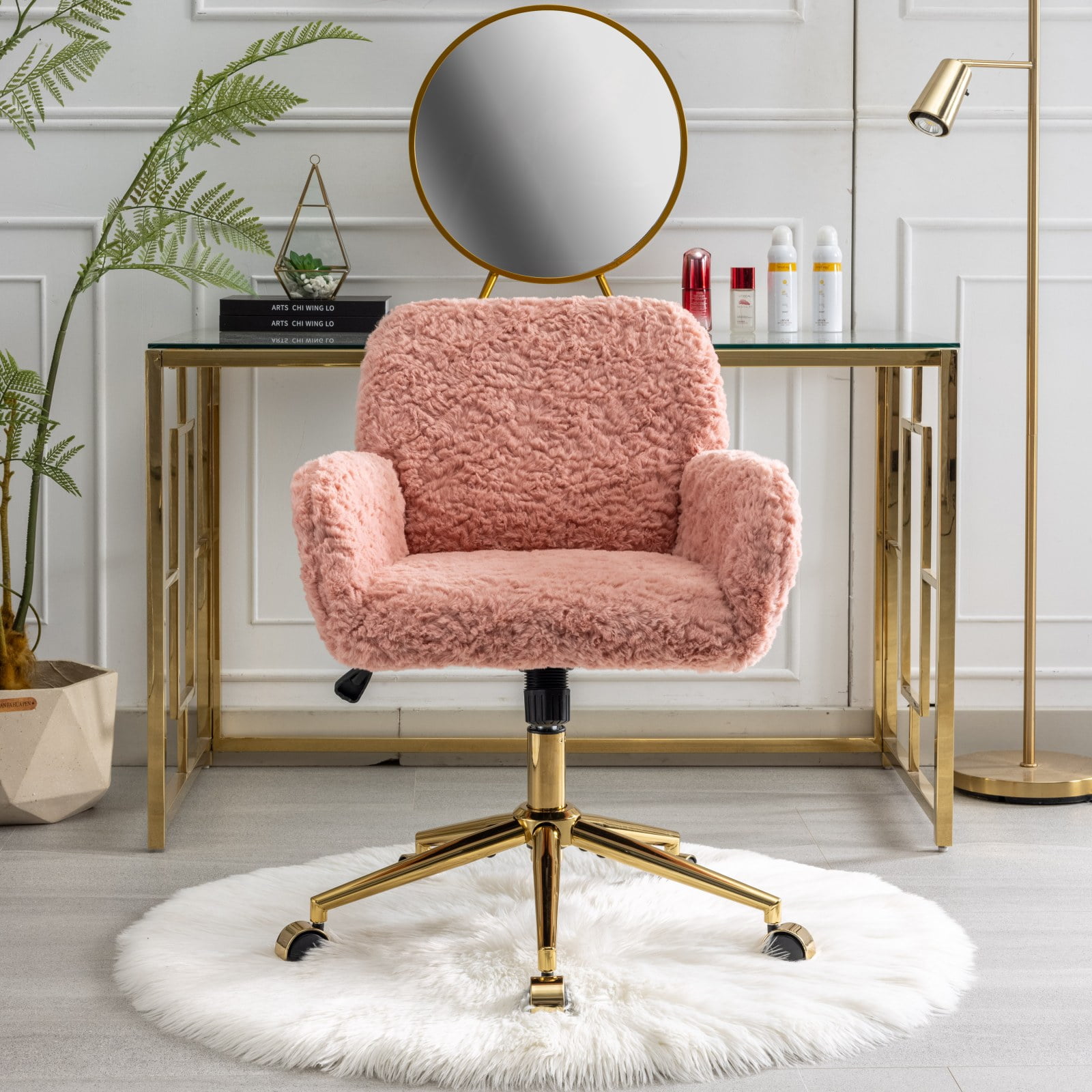 Furniture Office Chair, Artificial Rabbit Hair Home Chair with Golden Metal Base, Adjustable Desk Chair Swivel Office Chair, Vanity Chair (Pink)