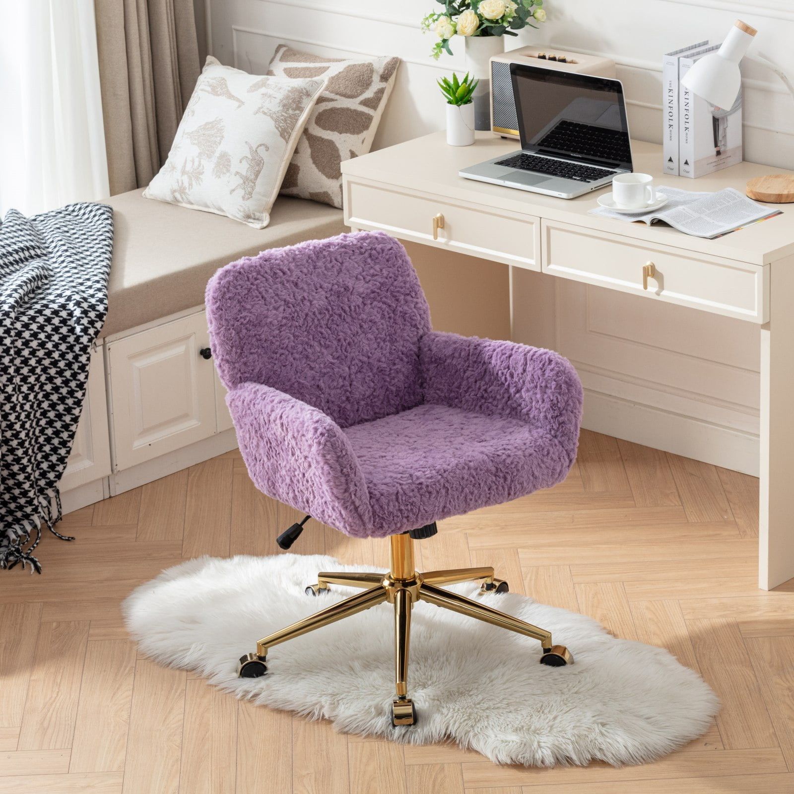 Furniture Office Chair, Artificial Rabbit Hair Home Chair with Golden Metal Base, Adjustable Desk Chair Swivel Office Chair, Vanity Chair (Violet)