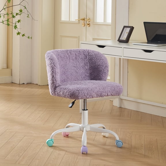 Furniture Office Chair, Artificial Rabbit Hair Home Chair with Metal Base, Adjustable Desk Chair Swivel Office Chair, Vanity Chair (Violet)