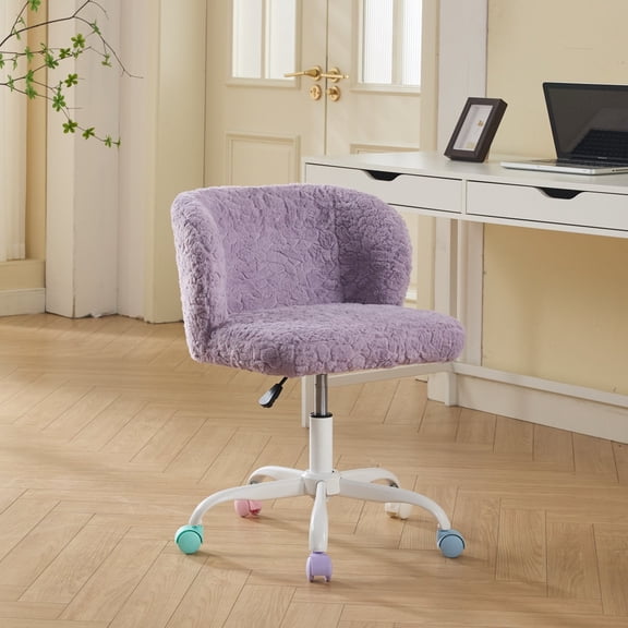 Furniture Office Chair, Artificial Rabbit Hair Makeup Vanity Chair Chair, 360 Comfy Swivel Armless Chair with Wheels, Modern Height Adjustable Cute Vanity Chair for Living Room Small Spaces Violet