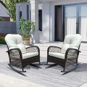 Furniture One 2 Piece Outdoor Wicker Rocking Chair, Patio Rattan Rocker Chair with Cushions & Steel Frame, All-Weather Rocking Lawn Wicker Furniture for Garden Backyard Porch